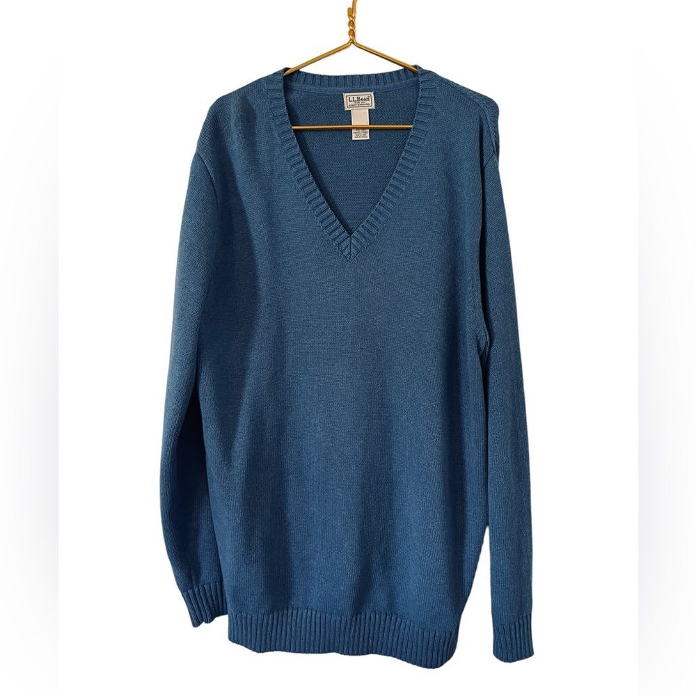 L. L. Bean Big & Tall Blue Ribbed Knit V-Neck Pullover Sweater, Size XXL Tall